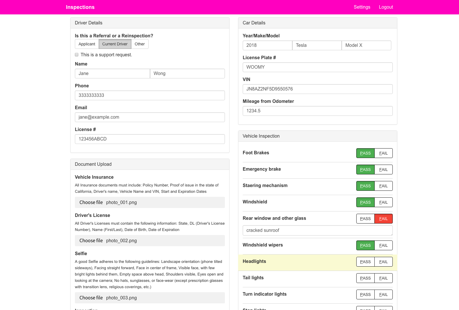 "Vehicle Inspections desktop site"
