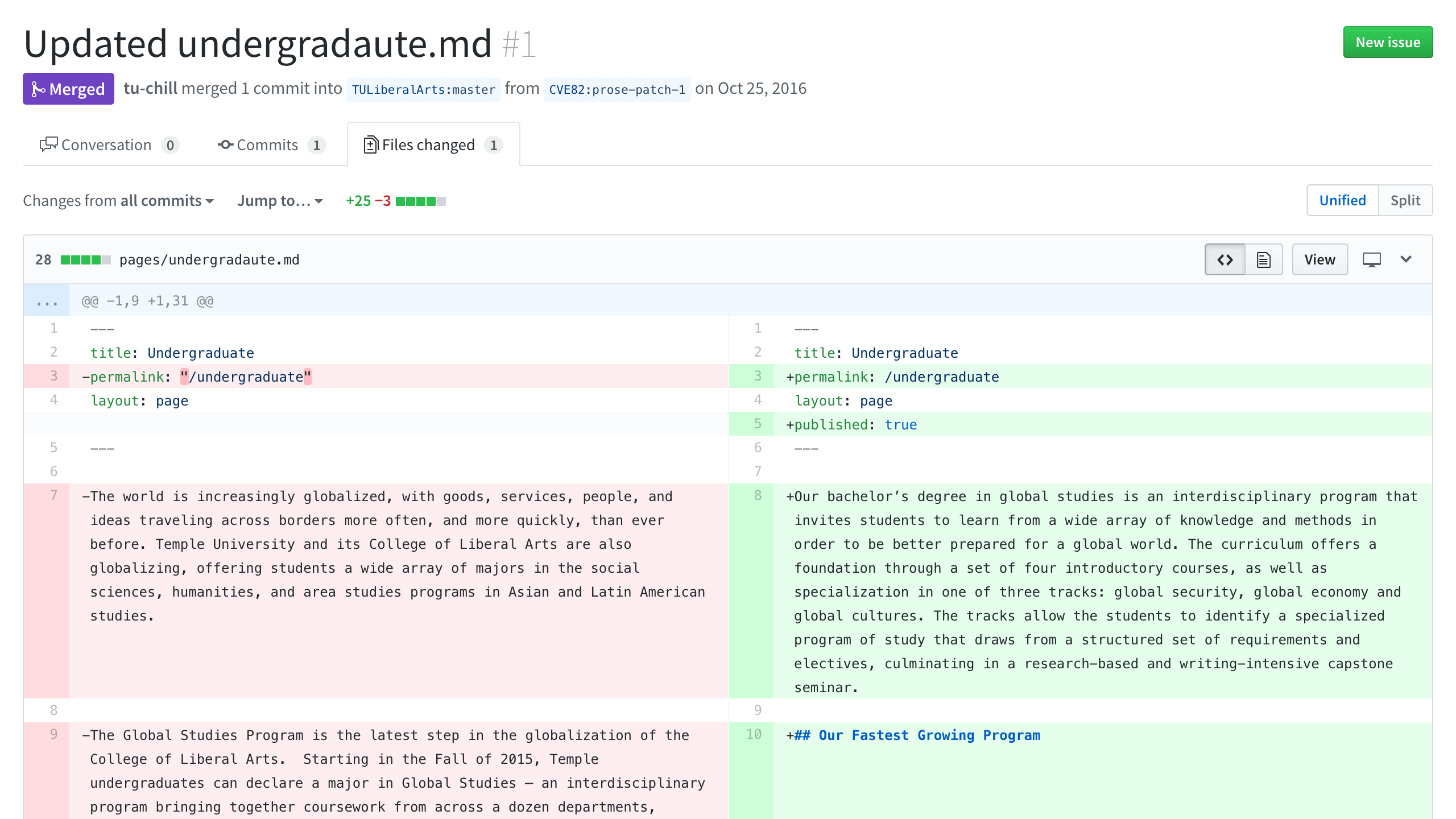 Image showing proposed content changes in a GitHub pull request